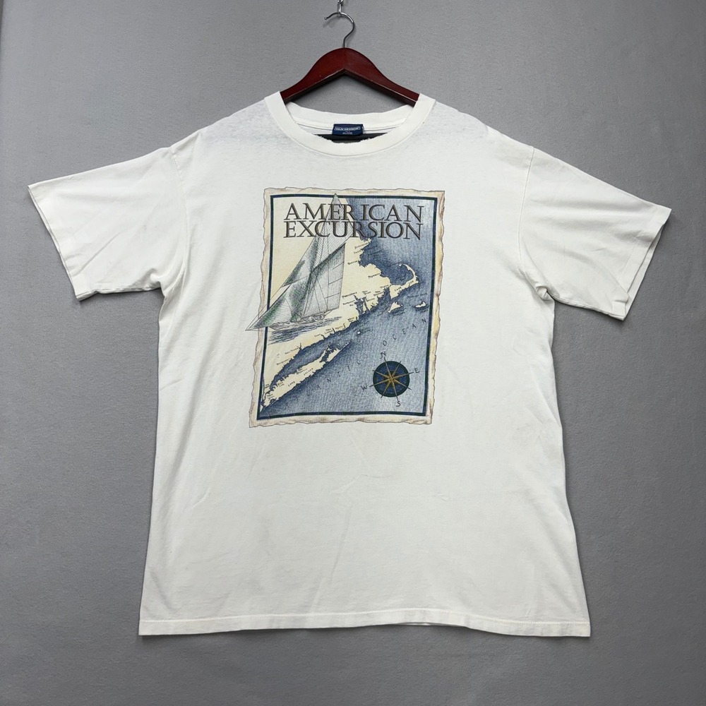 Van Heusen T-Shirt Mens Large White American Excursion Vintage 90s Nautical Map